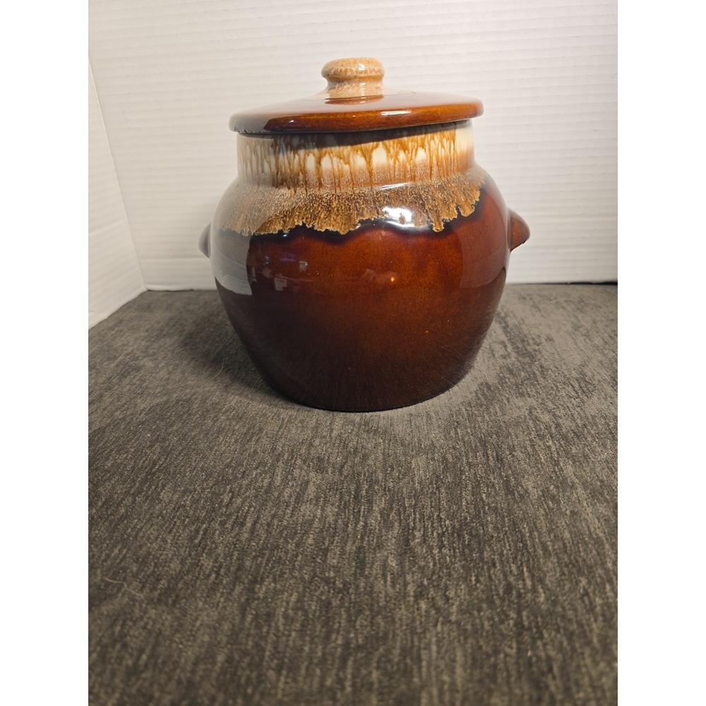 Vintage Stoneware POTTERY by KATHY KALE Brown Drip Bean Pot or Cookie Jar w/ Lid